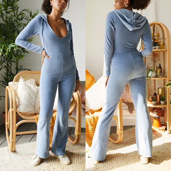 Iets Frans UO Womens Loungewear Kenny Plunge Neck Hooded Velour Jumpsuit XS Blue - Picture 1 of 10